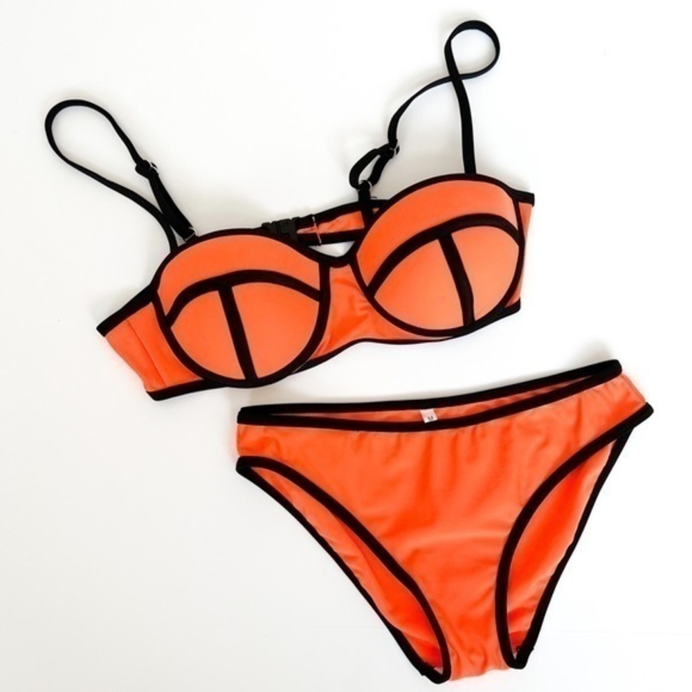 Fluorescent Orange Black Triangl Style Bikini Two-Piece Size Medium